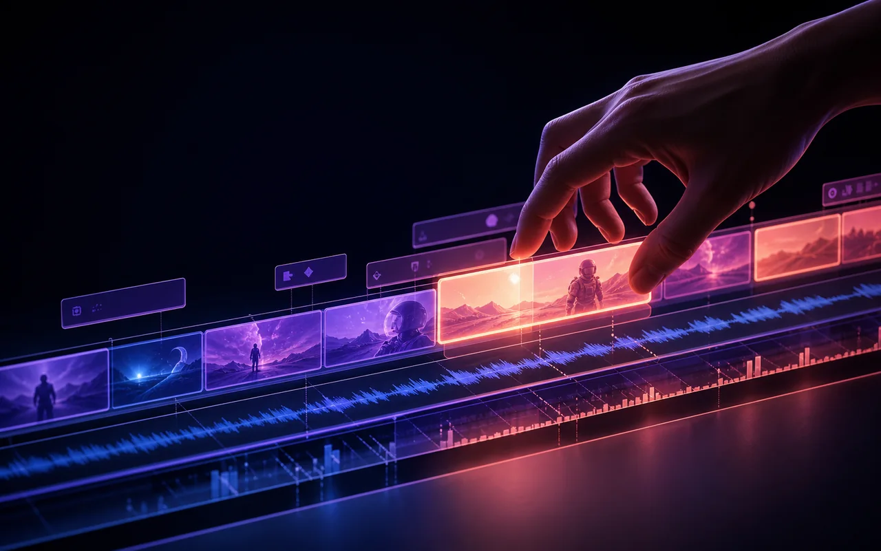 Mano reorganizando clips conectados en una timeline multicapa