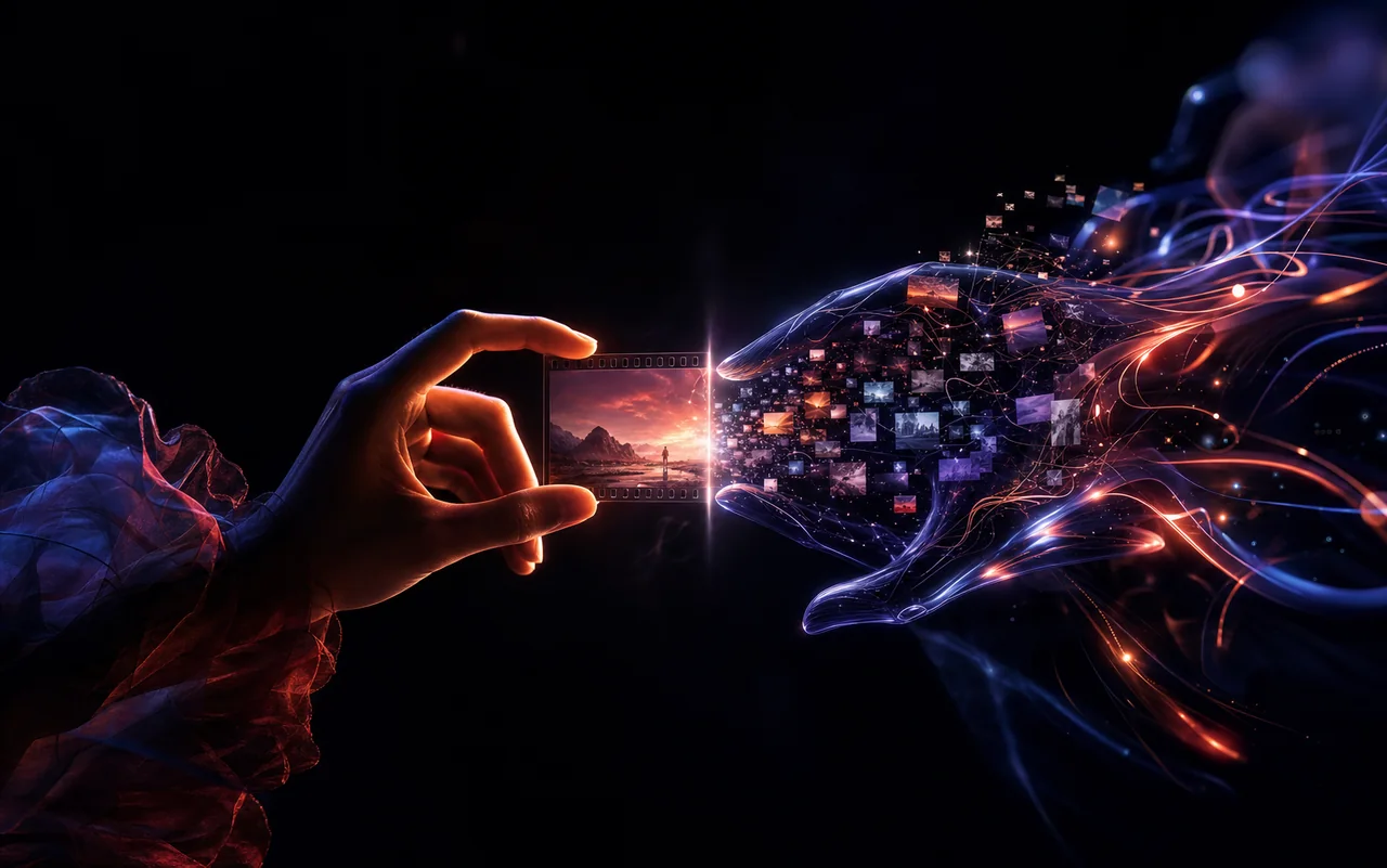 Una mano humana y una inteligencia visual decidiendo juntas el fotograma final