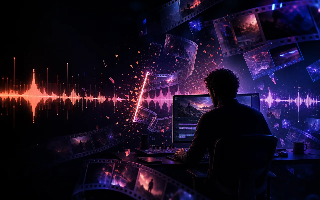 Creador editando vídeo entre ondas de audio y fragmentos de película